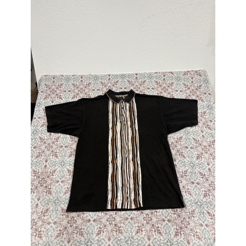 Cotton Traders Sport Mens XL Polo Shirt Black Vertical Stripe Short Sleeve Retro